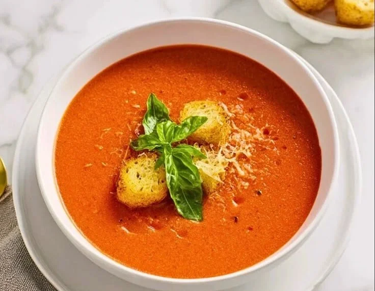Bowl of Panera Bread Tomato Soup served with fresh bread