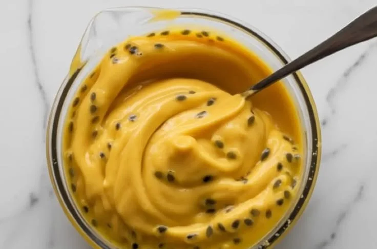 Homemade Passion Fruit Curd in a jar with fresh passion fruits