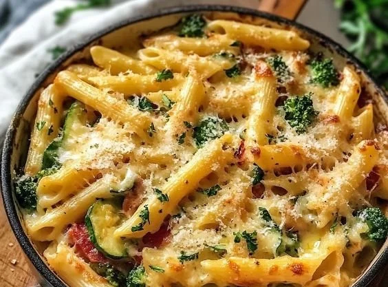 A colorful bowl of Pasta Primavera with fresh vegetables and herbs.