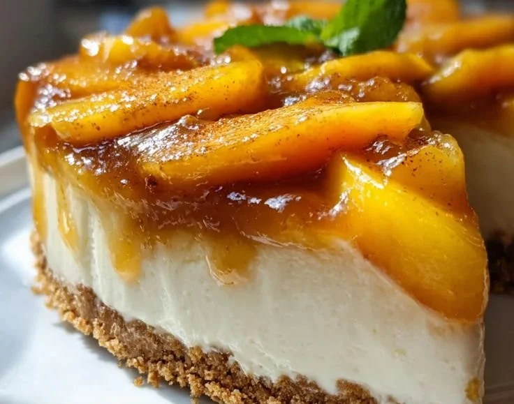 Delicious Peach Cobbler Cheesecake topped with peaches and crumble
