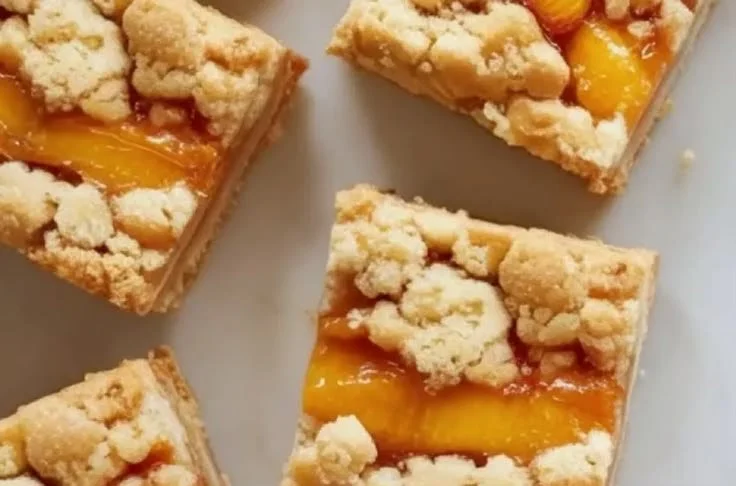 Delicious peach crumble bars drizzled with honey glaze on a rustic table.