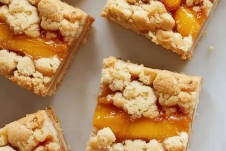 Delicious Peach Crumble Bars drizzled with Honey Glaze on a rustic wooden table.