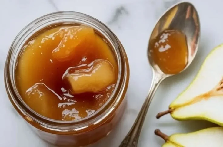 Delicious homemade pear jam in a jar