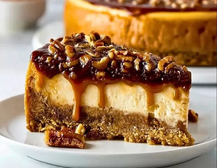Slice of creamy Pecan Pie Cheesecake topped with pecans and caramel drizzle