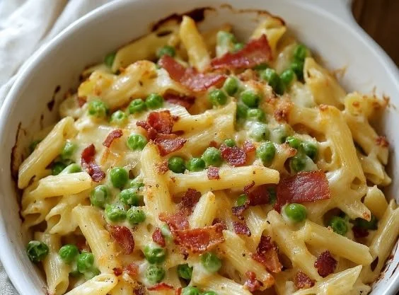 Delicious Penne Pasta with Peas and Bacon in a bowl