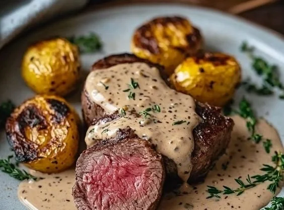 Delicious peppercorn sauce served with filet mignon steak.