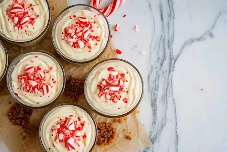 Slice of peppermint bark cheesecake topped with chocolate and crushed peppermint
