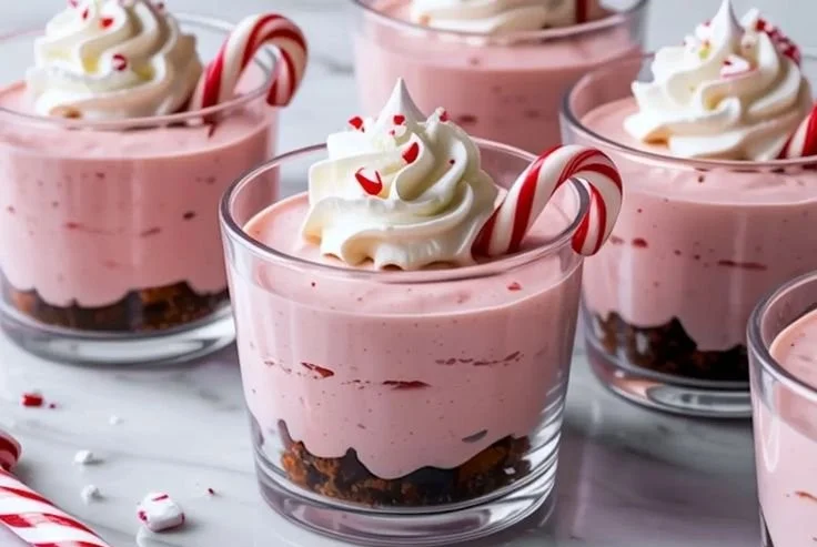 Peppermint cheesecake mousse cups topped with crushed candy canes.