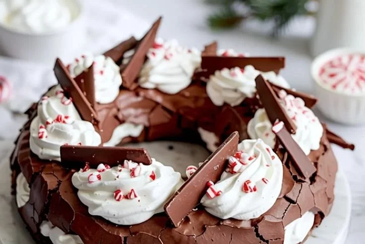 Peppermint Chocolate Pavlova Wreath garnished with chocolate decorations and mint leaves