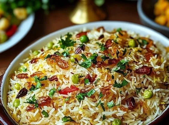 Plate of Persian Jeweled Rice with nuts and dried fruits
