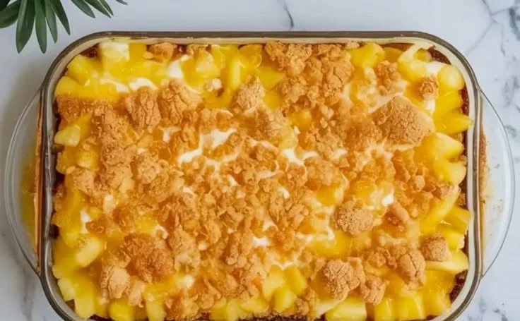 Delicious Piña Colada Dump Cake topped with whipped cream and pineapple slices