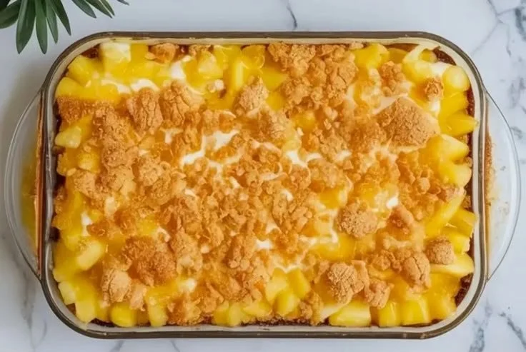 Delicious Pina Colada Dump Cake served on a dessert plate