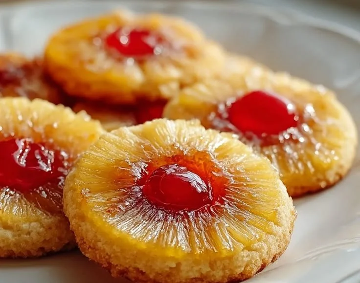 Pineapple Upside Down Cookies ready to be served on a colorful plate
