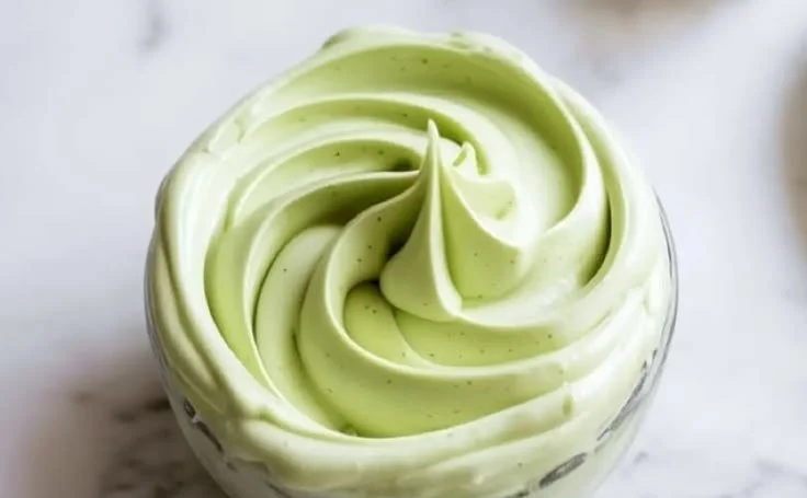 Delicious pistachio mascarpone frosting on a chocolate cake slice