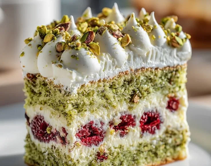 Delicious Pistachio Raspberry Cake on a rustic wooden table
