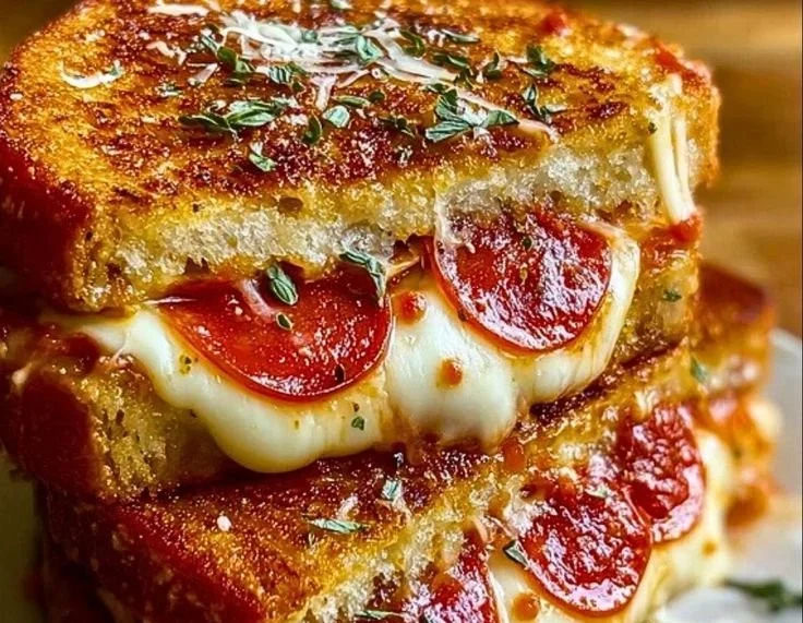 Delicious Pizza Grilled Cheese Sandwich with melted cheese and tomato sauce