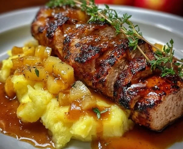 Juicy pork tenderloin served with a side of homemade applesauce.