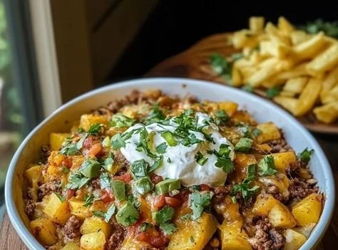 Delicious Potato Taco Bowl topped with fresh ingredients and savory flavors