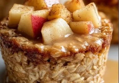 Protein-packed cinnamon apple oatmeal cups in a muffin tin.