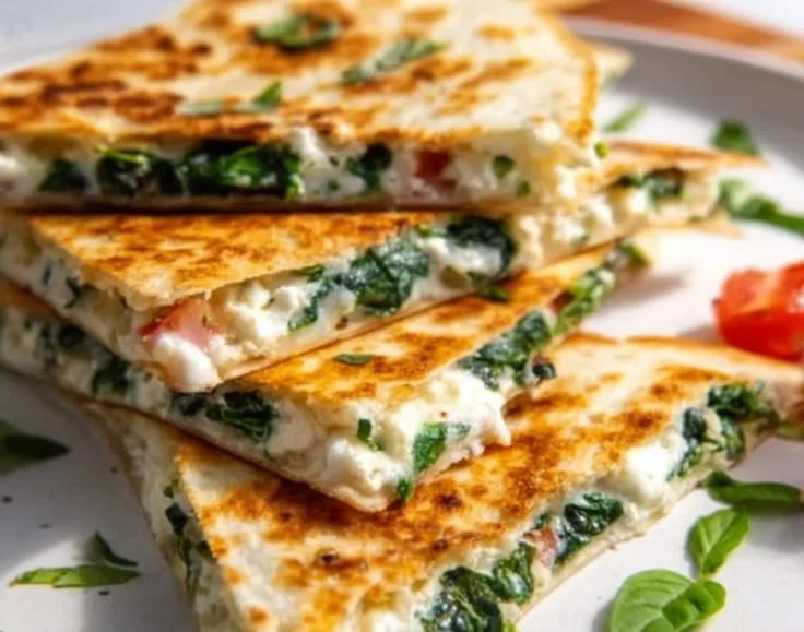 Delicious Mediterranean Quesadilla with spinach, feta, and mozzarella on a plate