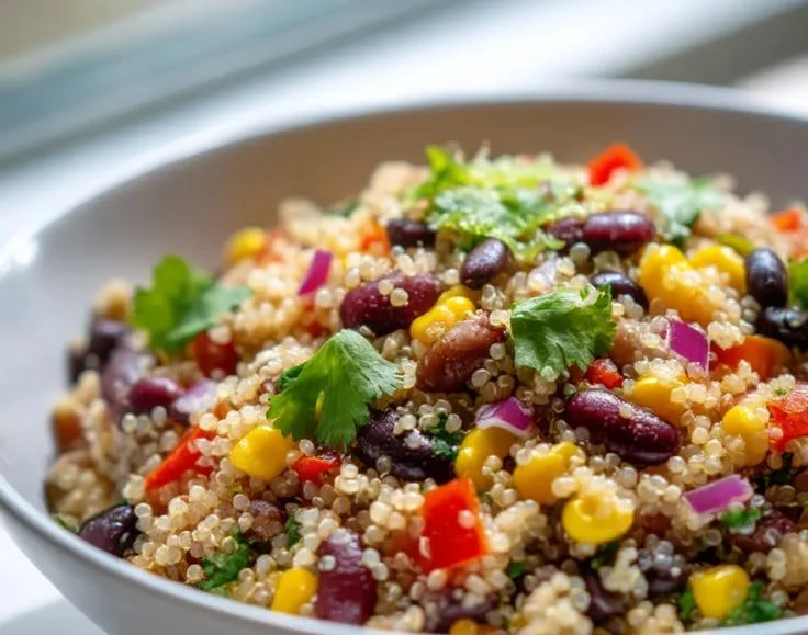 Fresh quinoa and bean salad in a bowl topped with vegetables