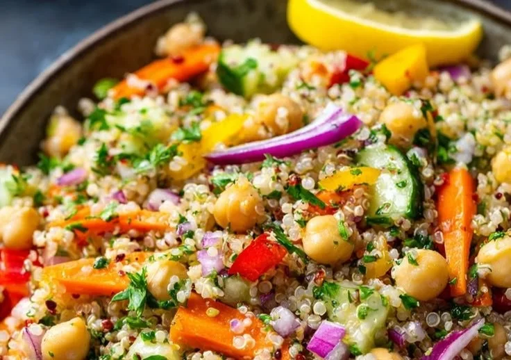 Quinoa chickpea rainbow salad with fresh vegetables and lemon vinaigrette dressing.