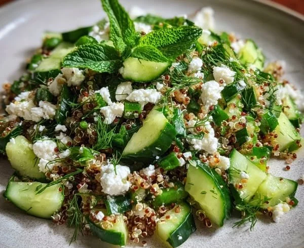 Quinoa cucumber salad topped with feta, dill, and mint in a vibrant bowl