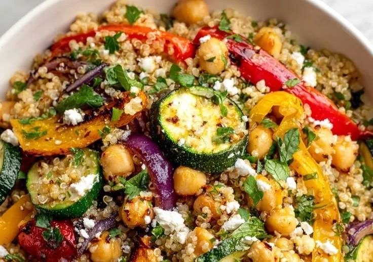 A colorful quinoa salad with fresh vegetables and herbs in a bowl