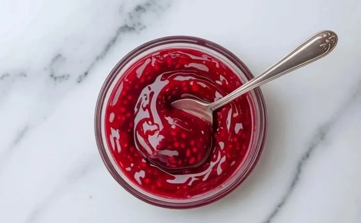 Homemade raspberry cake filling spread on a cake layer