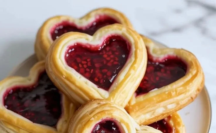 Heart-shaped Raspberry Danish Pastries fresh out of the oven