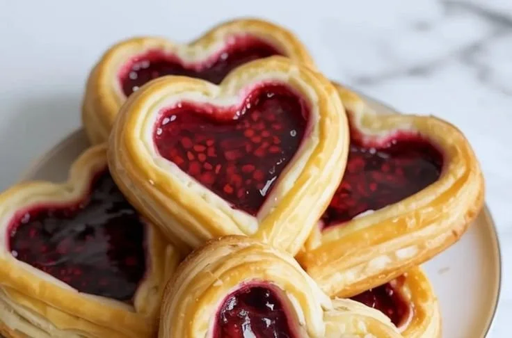 Freshly baked Raspberry Heart Danishes with flaky layers and fruit filling