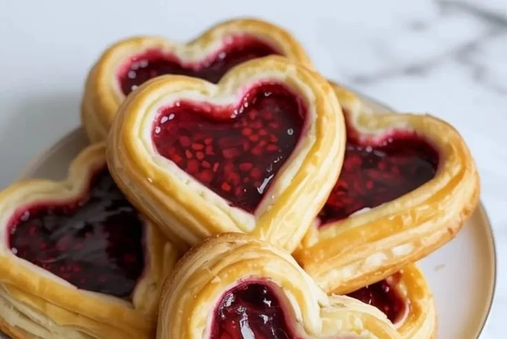 Freshly baked Raspberry Heart Danishes on a plate with powdered sugar.