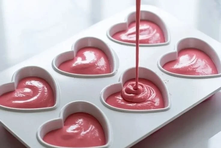 Delicious heart-shaped raspberry mousse dessert garnished with fresh raspberries