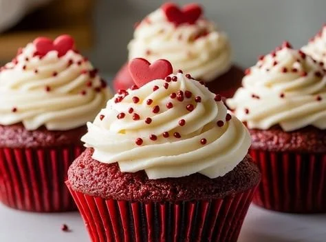 Delicious red velvet cupcakes topped with cream cheese frosting on a white plate.