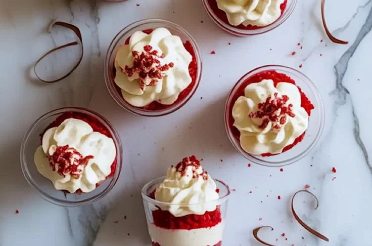 Delicious red velvet dessert cups topped with cream cheese frosting