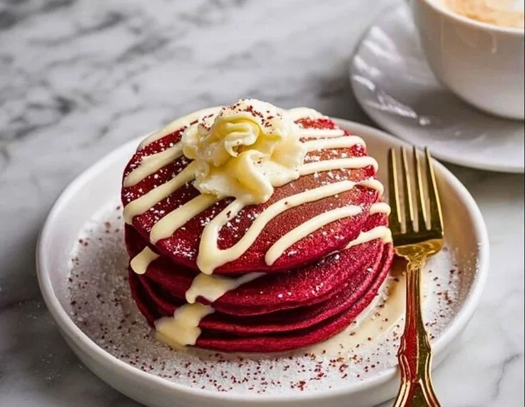 Plate of delicious homemade Red Velvet Pancakes topped with cream cheese frosting