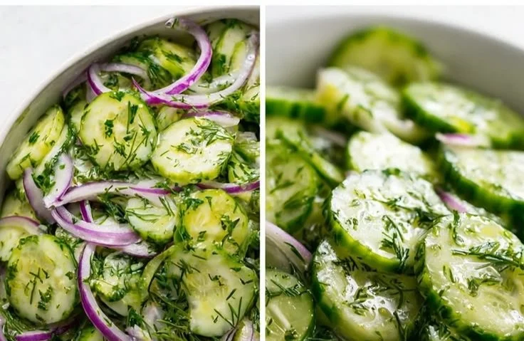 Refreshing cucumber salad with fresh ingredients in a bowl