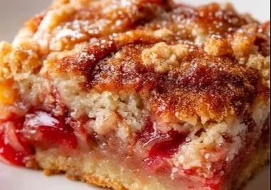 Delicious homemade rhubarb dump cake served on a white plate