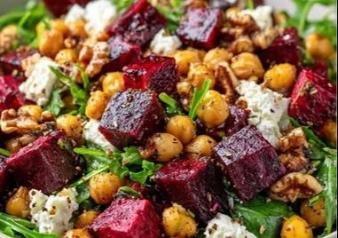 Roasted beet, arugula, and chickpea salad with vibrant colors and textures
