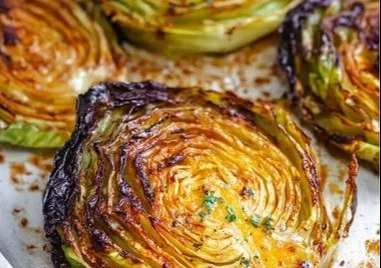 Roasted cabbage steaks seasoned and ready to serve.