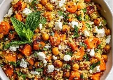 Roasted carrot quinoa and chickpea salad with lemon dressing in a bowl