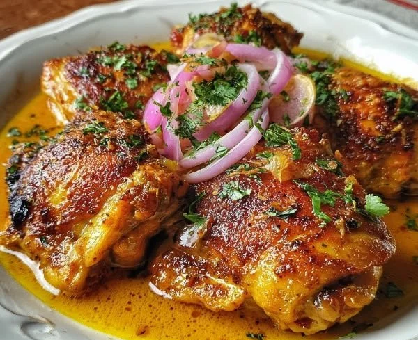 Delicious roasted chicken garnished with Peruvian Aji Amarillo sauce