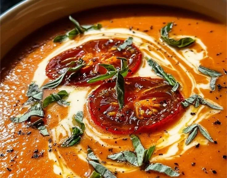 Creamy roasted garlic tomato soup garnished with fresh herbs in a bowl