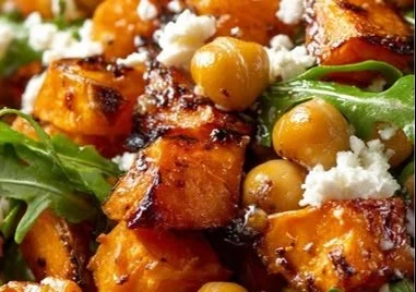 Roasted sweet potato and chickpea salad topped with feta cheese in a bowl