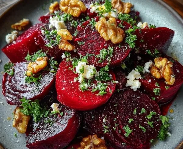 Ruby Red Beet Salad with fresh greens and dressing