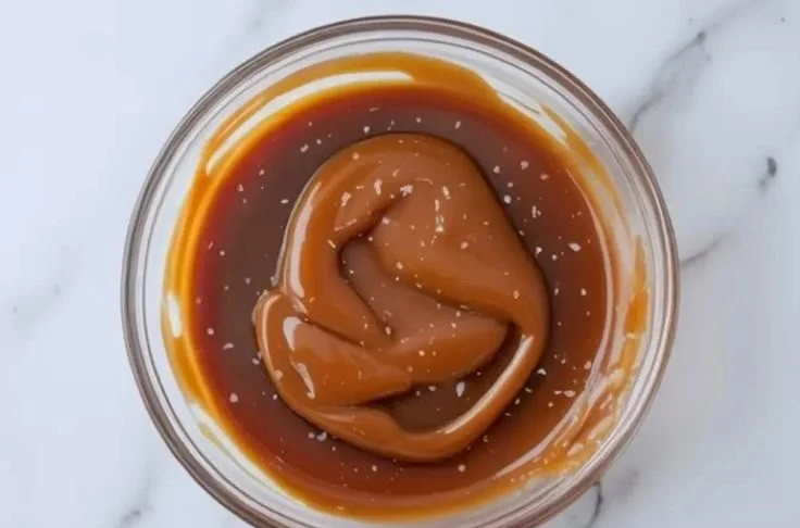 Delicious salted caramel cake filling in a bowl with a spoon