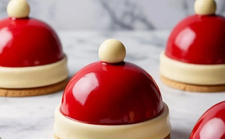Festive Santa-inspired dome cakes decorated for the holidays