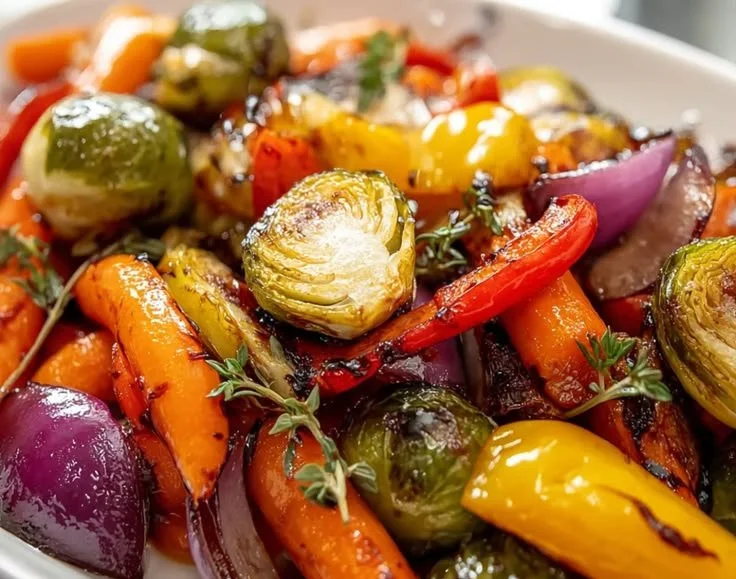 Balsamic glazed roasted vegetables arranged on a wooden platter