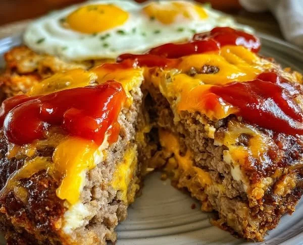 Delicious baked cheeseburger meatloaf served with vegetables