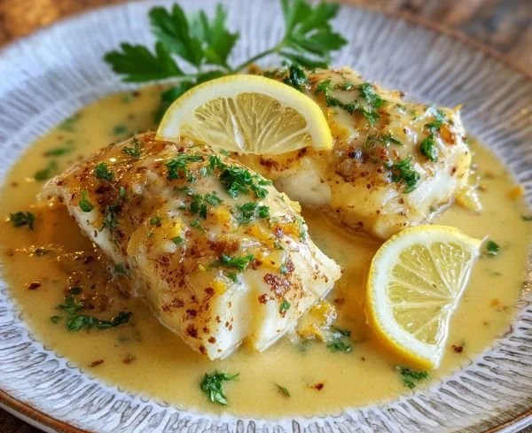 Plate of seared halibut with lemon-butter sauce garnished with herbs